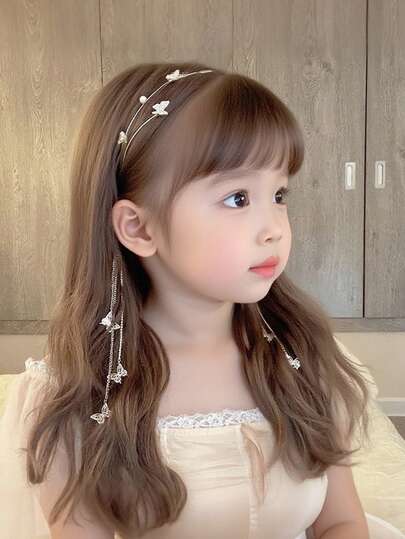 1pc Summer Children's Butterfly Tassel Pearl Headband, Sweet & Ethereal Luxury Hair Accessory, Multi-Layer Silver New Elegant & Versatile Hair Hoop For Little Girls, Bridal Hair Decor, Suitable For Important Parties And Daily Outings