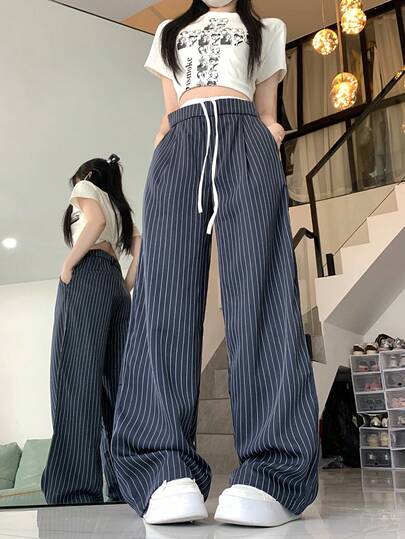 Pieced Double-Waist Striped Wide Leg Pants For Women, Relaxed Casual Style
