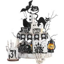 12 件套木制万圣节分层托盘装饰套装、幽灵城堡木制标牌、布布黑猫讨糖托盘装饰、桌面标牌、室内家居桌面装饰