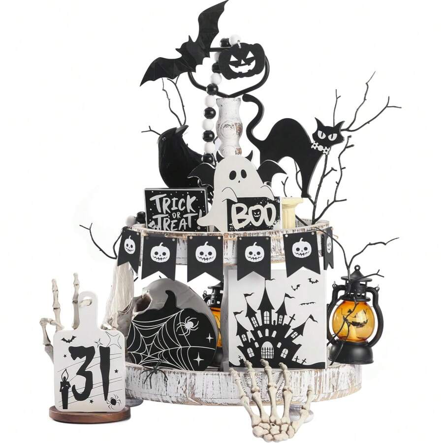 12 件套木制万圣节分层托盘装饰套装、幽灵城堡木制标牌、布布黑猫讨糖托盘装饰、桌面标牌、室内家居桌面装饰