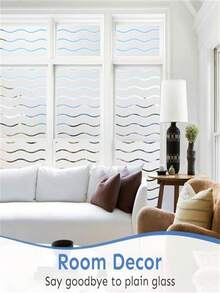 Window Privacy Film, Frosted Glass Window Film, Decorative Striped Glass Cling, Removable Static Cling Front Door Cover, UV Blocking Privacy Sticker, Wave Pattern - White - View 6
