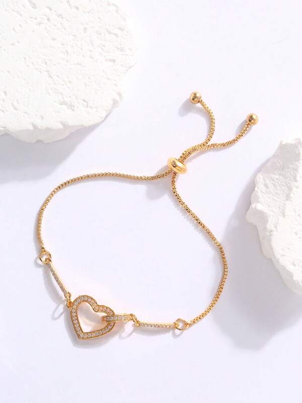 1 pieza Brazalete ajustable con corazón de circonita cúbica, elegante y con estilo