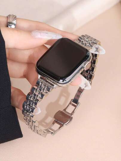 1pc Narrow Silver Metal Apple Watch Band, Suitable For Young Fashionable, Elegant Women, For Apple Watch Ultra 3/2/1 Series SE/S10/S9/S8/S7/S5/S4/S3, 14mm Removable 7-Link Chain Style Silver Watch Strap, Accessory For 38/40/41/44/45/46/49mm Smart Watch