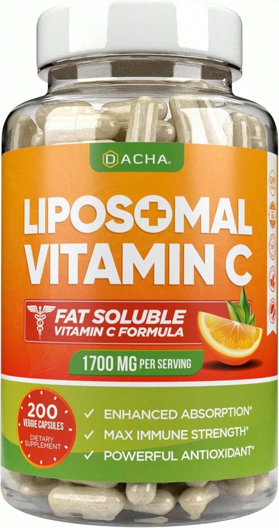 DACHA Natural Liposomal Vitamin C - 1700mg, 200 Capsules, Immune System &Amp; Collagen Booster, High Absorption Fat Soluble VIT C, Buffered, Skin Vitamins, Vegeterian, Vegan - 黑色 - 查看 1