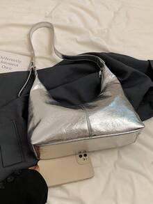 1 件时尚裂纹色大容量单肩斜跨饺子手提包，用途广泛，适合办公室、通勤、购物、节日礼物 - 銀色 - 查看 6