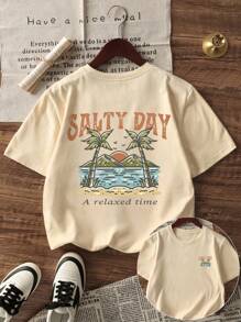 这款休闲印花圆领套头短袖T恤适合男孩和年轻学生在夏季穿着——T恤采用日出和棕榈树艺术风格，为每个孩子带来欢乐和幸福！男童图案T恤 - 杏色 - 查看 3