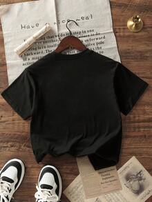 Tween Girl Casual Slogan Printed Round Neck Pullover Short Sleeve T-Shirt, Summer - Black - View 3