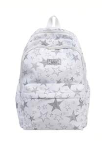 Large Capacity Water Resistant Reflective Star Print Multi-Pocket Functional Backpack, Unisex Casual College Style Student Backpack For School, Study, Shopping, Travel, Back To School Season