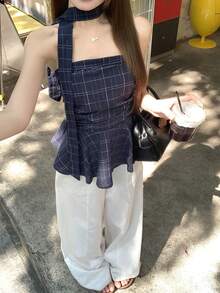 IUNQ [Free Shipping] Korean Style Summer Sleeveless Tube Taupe Check Pattern Short Camisole Tank Top + Halter Neck Two-Piece Set Stylish Y2k Gal Style Top - Màu xanh hải quân - Xem 1