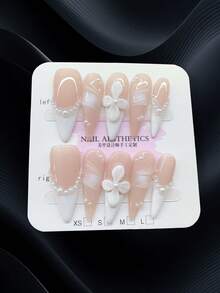 10 件套手工白色新娘婚礼按压指甲、3D 花朵凝胶手绘按压指甲、伴娘指甲套装、法式杏仁指甲、女士女孩日常佩戴的水晶指甲，配美甲工具、美甲用品 - 白色 - 查看 16