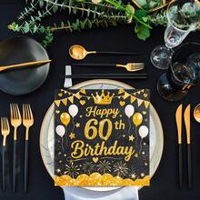 80/40/20 قطعة من منديل الحفلات عيد الميلاد القابل للتخلص من البالوعة مقاس 13 * 13 بوصة، خلفية سوداء، نص عيد ميلاد ال- 60 سعيد بالذهبي، تاج عيد الميلاد و نمط البالونات، تستخدم في حفلات أعياد الميلاد، التجمعات العائلية، فنادق وديكور المطاعم
