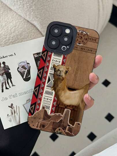 1 pieza Funda de teléfono negra con diseño de camello, arquitectura y patrón de tela, compatible con iPhone 11, 11Pro, 11ProMax, 12, 12Pro, 12ProMax, 13, 13Pro, 13ProMax, 14, 14Pro, 14Plus, 14ProMax, 15, 15Pro, 15Plus, 16, 16Pro, 16ProMax, 16Plus, resistente al agua, a los golpes, a las caídas y a los arañazos