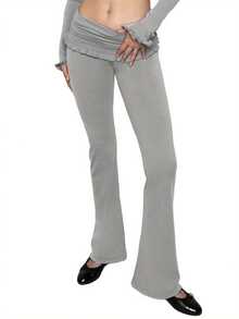 Women's Yoga Flare Pants, Solid Color Ruffled Low Waist Fitness Bootcut Leggings Workout Skinny Trousers - Xám - Xem 4