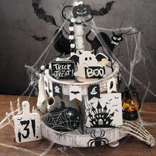 12 件套木制万圣节分层托盘装饰套装、幽灵城堡木制标牌、布布黑猫讨糖托盘装饰、桌面标牌、室内家居桌面装饰