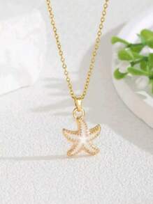 1pc Women Elegant Starfish Pendant Necklace - Gold Metallic With Shiny Blue Starfish Charm, Suitable For Party, Birthday And Spring Festival Gifts, Versatile Ocean-Themed Accessory, Exquisite Craftsmanship