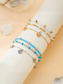 3pcs/Set White Pearl-Beaded Tassel, Starfish & Shell Pendant Anklet, Multilayer Foot Jewelry Suitable For Daily Wear And Beach Vacation - Multicolor - View 3