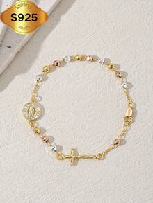 1 件 2025 年新款 S925 银防过敏三色电镀一体式雕刻瓜达卢佩圣母十字架耶稣手工玫瑰经手链，配有豪华抽屉礼品盒和提手袋，适合母亲节/情人节、情侣、朋友、信徒、初领圣餐、日常佩戴和祈祷