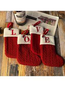 1pc Embroidered Letter Knitted Christmas Stocking Candy Gift Bag, Red,Christmas - Red - View 5