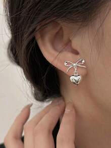 BALMORA 1 Pair Elegant Ins Style S925 Sterling Silver Bow Earring Heart Shaped Pendant Earrings For Women Girl Fashion Retro Party Daily Life Dating Gift Birthday Gifts - 銀色 - 查看 2