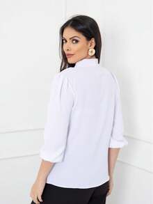 blusa feminina elegante gola laço manga 3/4 tecido duna - Branco - Visão 4