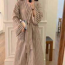 1pc Women's Striped Long Robe, Casual Loose Vintage Style Bathrobe, Suitable For All Seasons