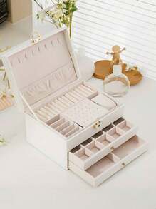 1 pieza Joyero de tres capas de gran capacidad, joyero multifunción de piel sintética (PU), joyero de tres capas con cerradura, joyero portátil, caja de almacenamiento para anillos, aretes y collares, caja de almacenamiento de joyería para tocador con cajón