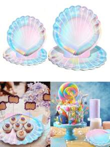 10 Piezas Platos de papel con diseño de concha de sirena holográfica, Platos desechables de colores arcoíris, Artículos para fiestas con temática de sirena, Decoraciones con temática oceánica, Cumpleaños, Boda, Fiesta de ducha de verano