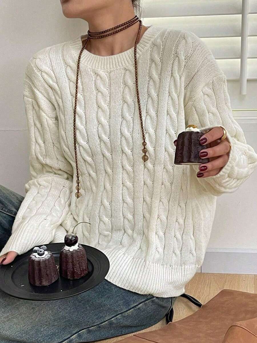 1pc Girls/Teens Casual Loose Comfortable Outdoor Thick Cable Knit Long Sleeve Sweater, Suitable For Autumn/Winter - trắng - Xem 1