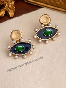 一对复古珍珠和珐琅吊坠耳环，复古独特小耳环 - 綠寶石 - 查看 19