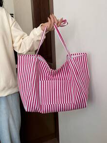 条纹休闲大容量简约购物手提袋，适合购物、度假、大学