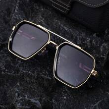 1pc New Double-Beam Vintage Casual Street Fashion Glasses For Men, Metal Square Frame Retro High-End Outdoor Driving Sunscreen Shades, Suitable For Daily Wear