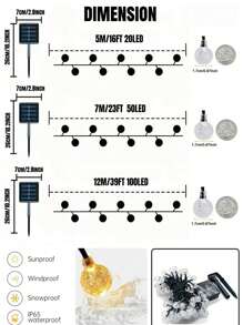 1 pièce Guirlande lumineuse solaire cristalline pour l'extérieur, 100/50/20 LED, 8 modes d'éclairage, étanche IP65, décoration extérieure, convient pour les jardins, les cours, les terrasses, les mariages, les fêtes, Noël, Halloween, la Saint-Valentin et autres guirlandes décoratives (lumière chaude, lumière blanche, lumière colorée, lumière violette)