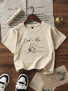 青少年男孩学生休闲印花杏色圆领短袖 T 恤，夏季上衣