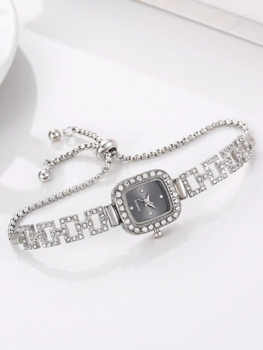 1pc Ladies' Business Elegant Gold Square Case Rhinestone Scale Dial Rectangular Inlay Diamond Adjustable Bracelet Quartz Watch, Hip Hop Style - Black - View 1