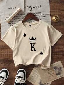 青少年男孩休闲印花圆领短袖T恤，夏季上衣 - 杏色 - 查看 4