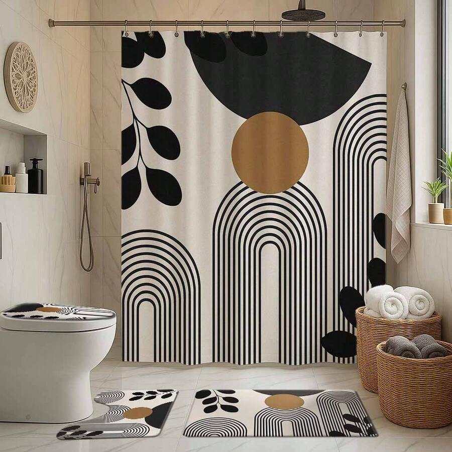 1/4 件波西米亚风格抽象图案浴室套装，包含浴帘、浴垫、U 型马桶座套、马桶盖套、防水浴室装饰、现代浴室窗帘，无需钻孔，可机洗 - 彩色 - 查看 1