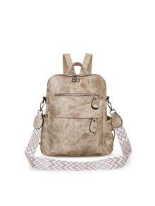 2025年新款中号旅行背包女背包女式真皮背包女孩女士书包 - 卡其色 - 查看 4