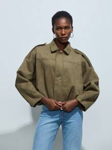 Women's Solid Color Minimalist Suede Texture Collar Flight Jacket - Army Green - View 3
