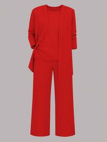 3pcs/Set Women Minimalist Solid Color Outfit: Casual Jacket, Round Neck Sleeveless Top, Elastic Waist Loose Pants, Spring/Autumn/Winter