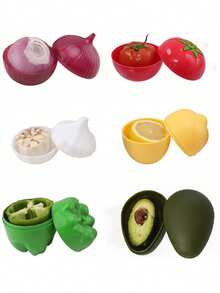 1/3/6个装水果蔬菜造型食品保鲜盒 - 牛油果、柠檬、洋葱、番茄、大蒜、甜椒保鲜盒，多功能厨房食品保鲜盒，适用于冰箱储存、露营、用餐和食品准备 - 彩色 - 查看 2