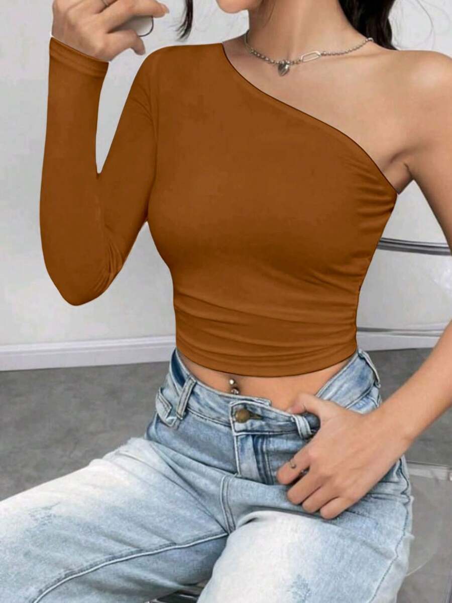 Women's Cropped Top T-Shirt Blouse With One-Shoulder Neckline Suplex Fabric Ideal For Going Out On Casual Romantic Elegant And Sophisticated Dates - 鏽棕色 - 查看 1