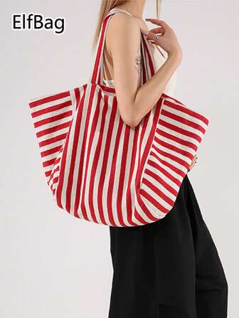 时尚红色条纹女士托特包，简约大容量休闲单肩包，撞色设计，耐用面料，可折叠轻便，适合旅行、通勤、购物和上学