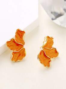 1 对时尚优雅三瓣珐琅金属花卉耳钉，多种颜色 - 橘色 - 查看 7