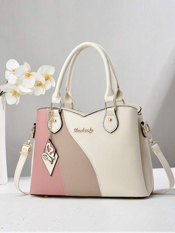 Stylish Colorblock Women's Tote Bag With Adjustable Strap, & Polyester Lining, Zip Closure – Available In Khaki, White, Pink, Red, Green, Black – Perfect For Casual Everyday Use, Versatile Shoulder Bag | Playful Charm Accessory | Decorative Zipper Pulls