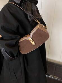 Stylish Color Block Patchwork Square Handbag,Women's New Fashion Versatile Shoulder/Crossbody/Underarm Bag For Commute - Coffee - View 2