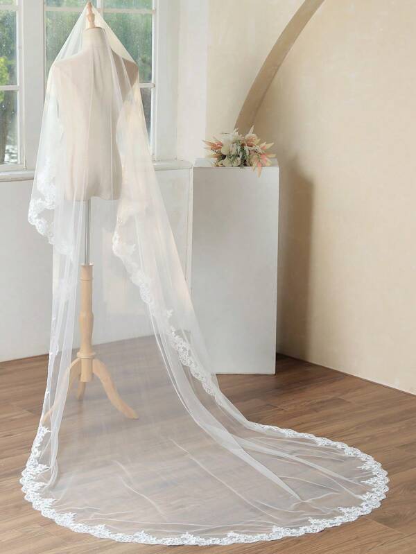 1pc 3 Meters Lace Trim Bridal Veil, Suitable For Wedding Photography, Ceremony, Etc. Single Layer High-End Lace Long Trailing Veil, French Retro European Style Wedding Dress Accessory, Perfect For Brides