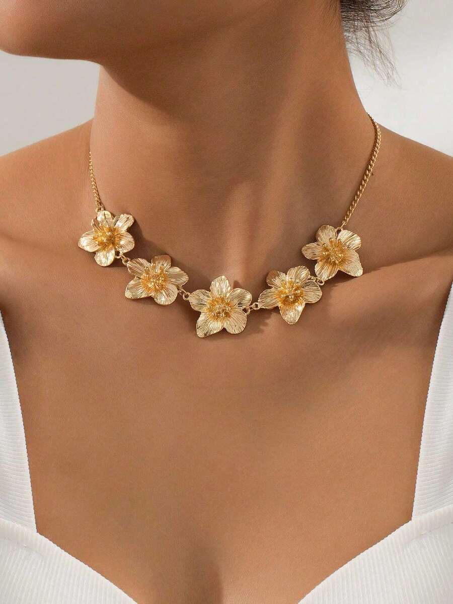 1 件浪漫优雅的五瓣花吊坠项链，情人节约会礼物，女士生日礼物 - 金黃色 - 查看 1