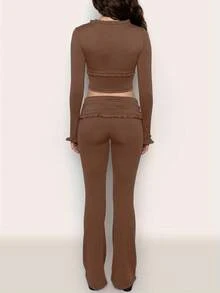 Women's Yoga Flare Pants, Solid Color Ruffled Low Waist Fitness Bootcut Leggings Workout Skinny Trousers - Màu nâu - Xem 2