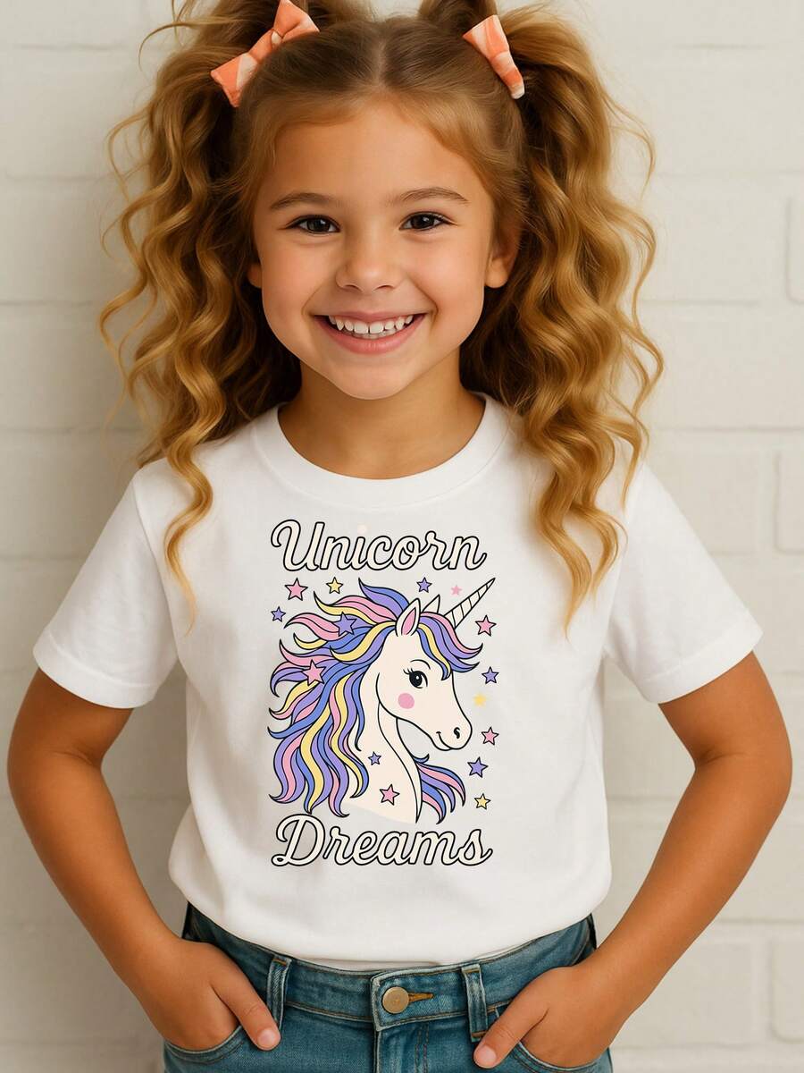 T-Shirt Blouse T-Shirt Unicorn Dreams Children's Girls 100% Cotton Drawings, School, Walk And Day To Day, Short Sleeve, Spring Summer / Pre-Teens - 白色 - 查看 1