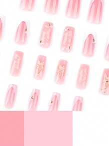 24pcs French White Fake Nails French Pink Nails Press On 3D Floral Press On Nails Long Medium Press On Nails Square Shape Nails Art Manicure Set Includes 1sheet Adhesive Tabs & 1pc Mini File Perfect For Everyday Wvear